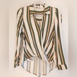 BCBG striped faux wrap collared blouse